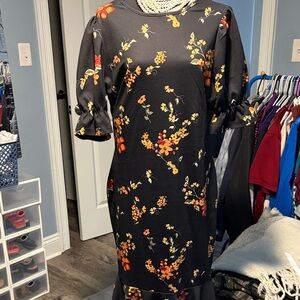 Black Floral Midi Dress with Puff Sleeves